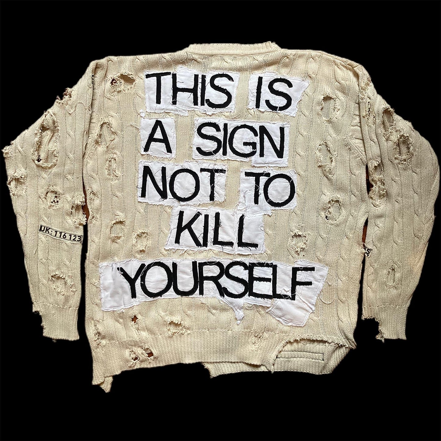 Back of the No Suicide sweater upcycled by 00timeleft.