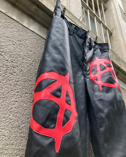 low angle view of the front of the anarchy pleather pants