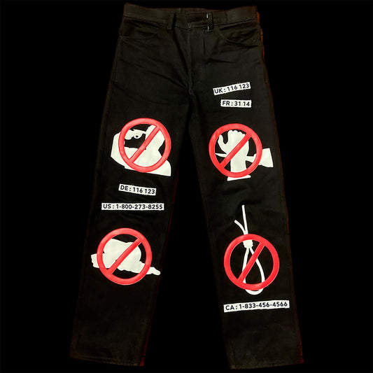 Front of the No Suicide pants upcycled by 00timeleft.