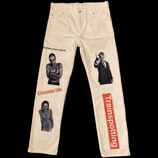 Front of the Trainspotting pants upcycled by 00timeleft.