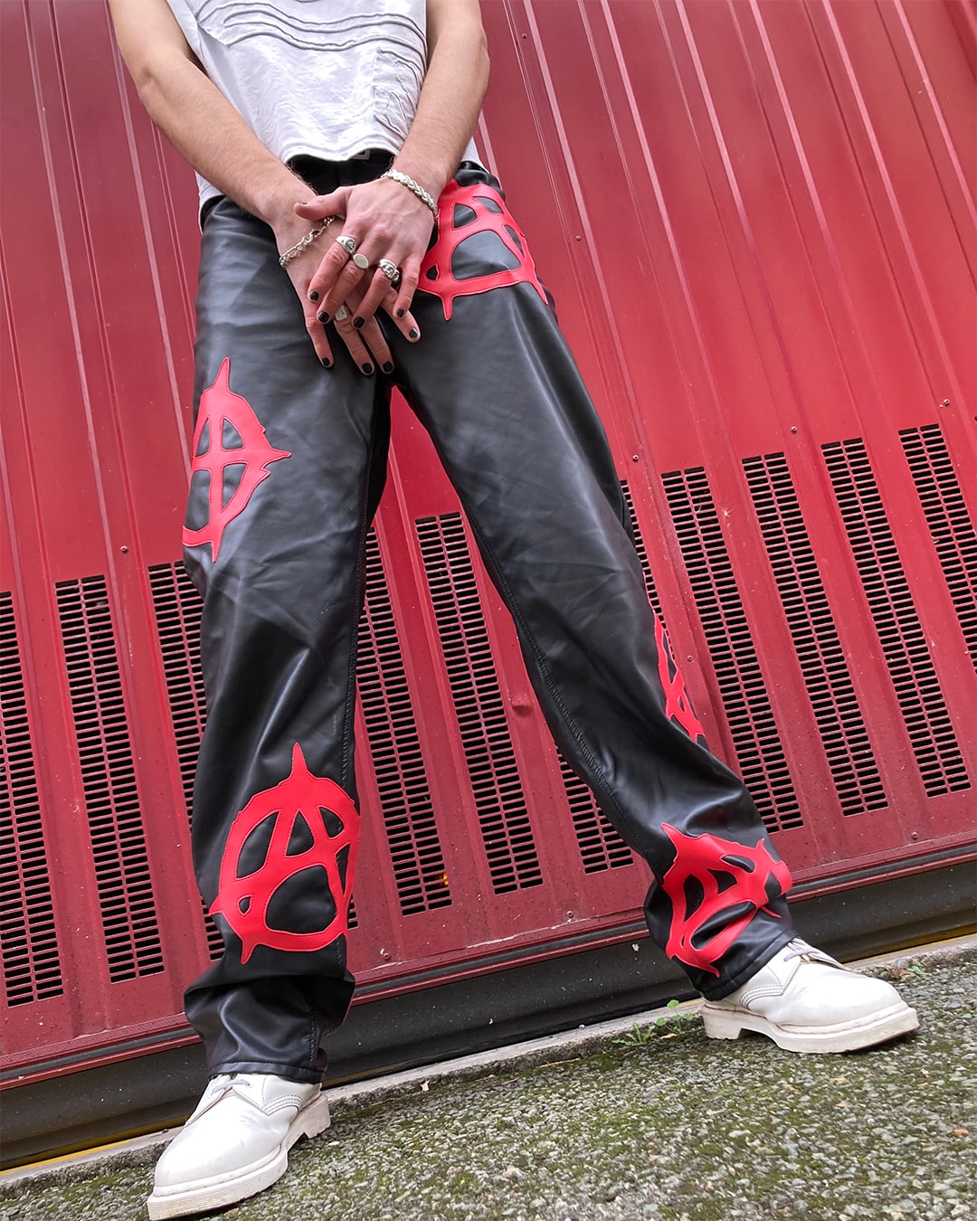 front of the anarchy pleather pants worn by a model